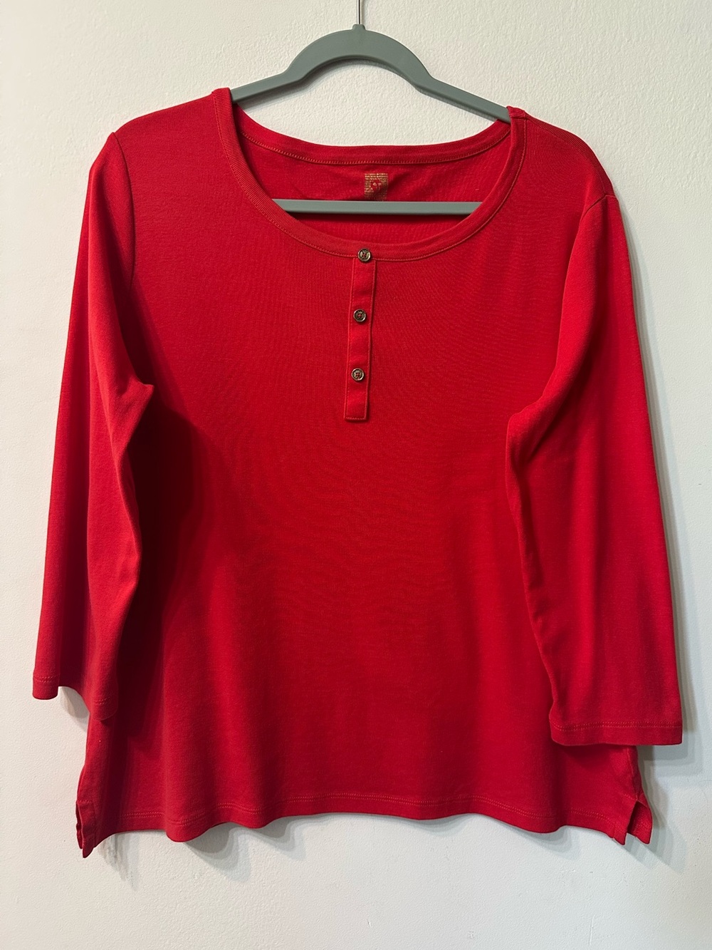 Anne Klein Sport Henley Top XL Red 3/4 Sleeve Button Neck Knit Shirt Casual